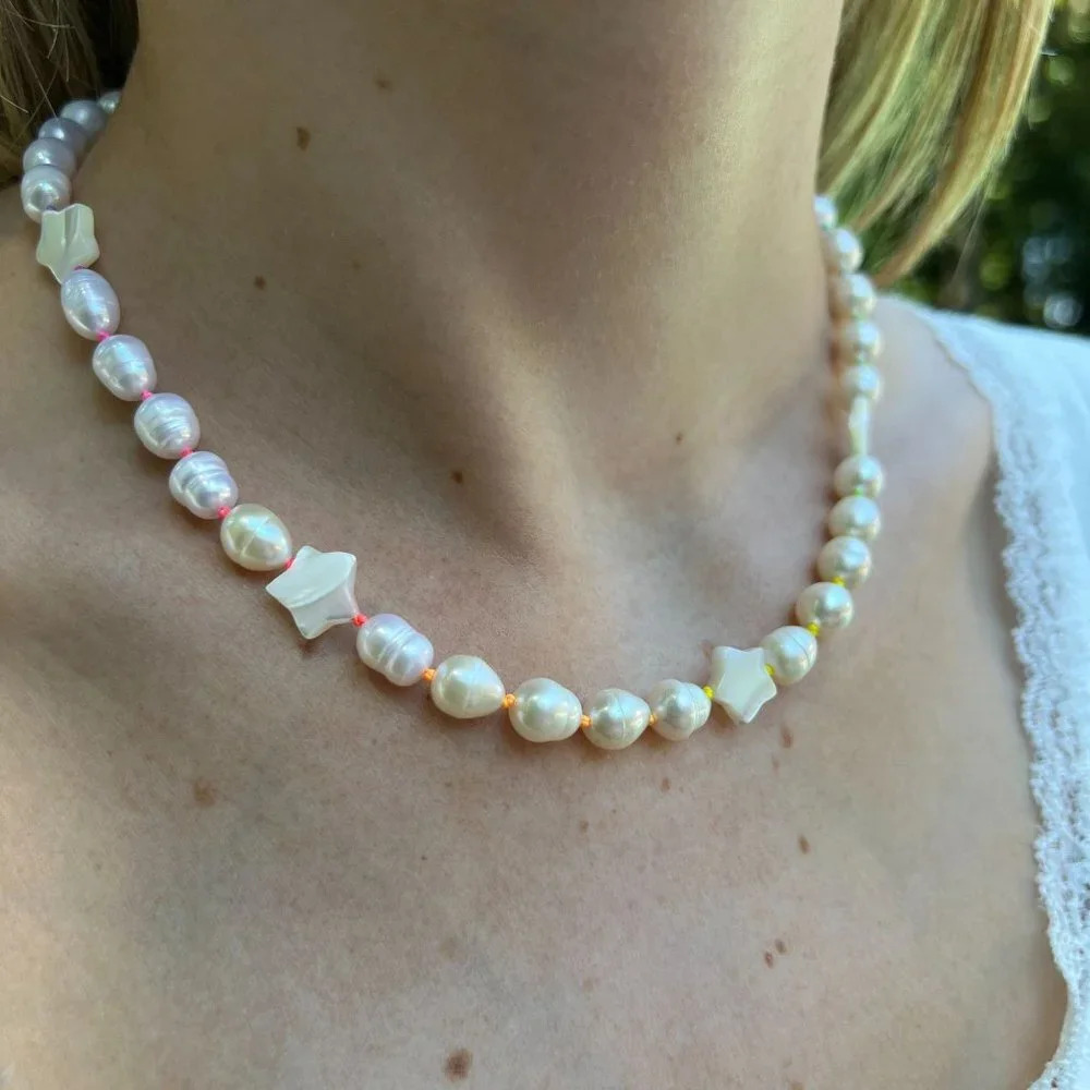 Baroque Freshwater Pearl Hand-knotted Necklace, Rainbow Silk, Gold Fille… - Picture 2 of 10